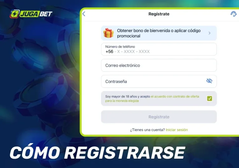 Formulario de registro de JugaBet Chile con teléfono +56, correo y código promocional